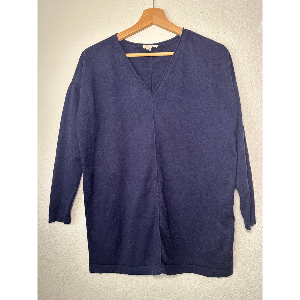 Eileen Fisher Navy Blue Organic Cotton Cashmere V-Neck Tunic Sweater Small S/P